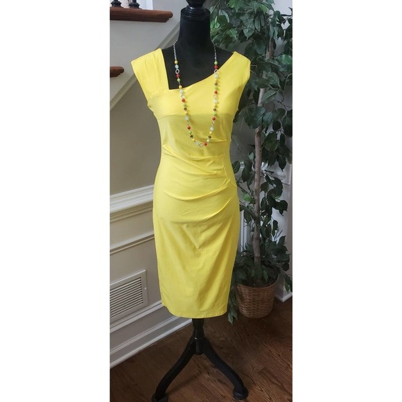 Muxxn Women's Yellow Retro 1950s Asymmetrical Neck Knee Length Pencil Dress M - Picture 1 of 10